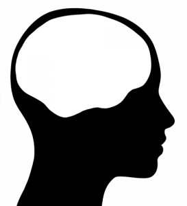 A graphic of a female head silhouette with a white brain area. Isolated on a solid white background.